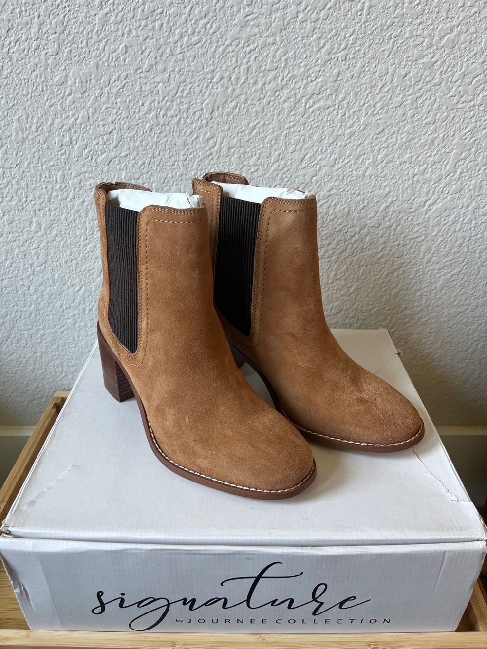Journee Collection Tazlyn Tan Suede Chelsea Heel Booties